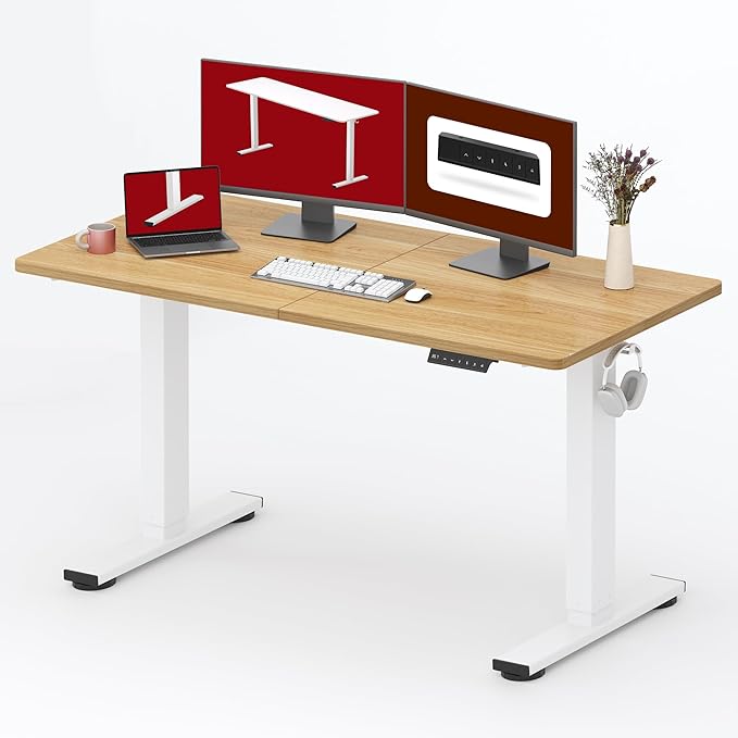 SANODESK Height Adjustable Electric Standing Desk 55x24 Inches, Sit Stand Desk with Splice Board for Home Office, Ergonomic Computer Workstation, Study & Gaming, White Frame/Maple Top