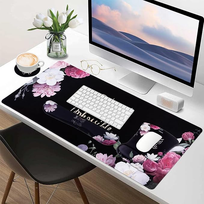 MEGREZ 4-in-1 Ergonomic Memory Foam Wrist Rest Set, Desk Pad, Mouse Pad with Wrist Rest, Keyboard Pad, Suitable for Office Workers, Programmers & Gamers–Relieve Typing & Gaming Fatigue, Black