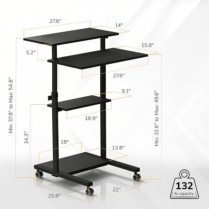 Mount-It! Black Rolling Standing Desk, Adjustable Height up to 54.7", Portable Laptop Podium Desk on Wheels, Mobile Computer Workstation with 4 Shelves 27.5" Wide, Cart for Home Office or Classroom