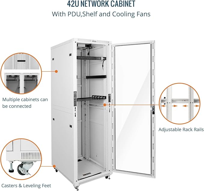 Tecmojo 42U Server Rack Network Cabinet 31.5" D x 23.6" W, Locking Data Cabinet Enclosure for 19" Server, Networking, AV & IT Equipment, Glass Door, White