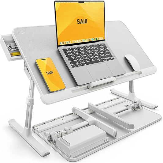 SAIJI Laptop Bed Tray Table, Adjustable PVC Leather Laptop Bed Table, Portable Standing Desk with Storage Drawer, Foldable Lap Tablet Table for Sofa Couch Floor (Large,White)