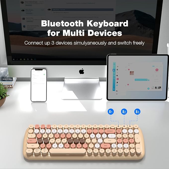 KNOWSQT Bluetooth Keyboard - Milktea Colorful Multi Device Wireless Typewriter Keyboards - Round Keycaps 100 Keys Cute Keyboard for Windows, Laptop, PC, Tablet, iPad, iPhone, Chrome