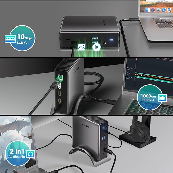 Laptop Docking Station,WAVLINK PD3.1 Docking Station 3 Monitors with 2*HDMI + DP,Single 4K@144Hz,140W PD Charge,USB-C 10Gb,USB-A 5Gb,Gigabit Ethernet,Audio/Mic for Windows System Computer