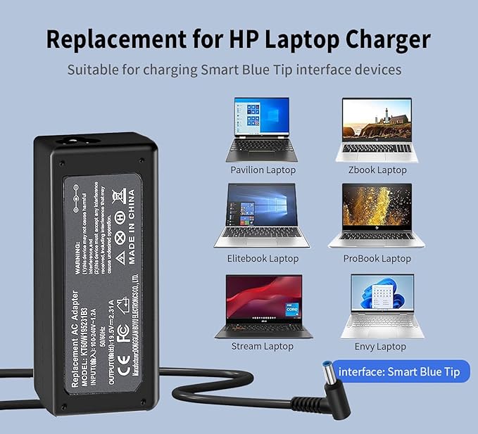 45W 19.5V 2.31A Replacement for HP Laptop Charger Blue Tip,Pavilion x360 Charger 11 13 15, Envy X360 13 15,Zbook 14u G4 G5 15u 15 G3,Stream 11 13 14,HP Model 15 Laptop Charger AC Adapter Power Cord