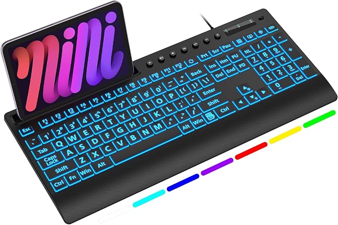 SABLUTE K31PRO Wired Keyboard with Large Print, Backlight Memory Function, Light up Computer Keyboards with Phone Holder & Wrist Rest, Quiet Keyboards for PC Laptop
