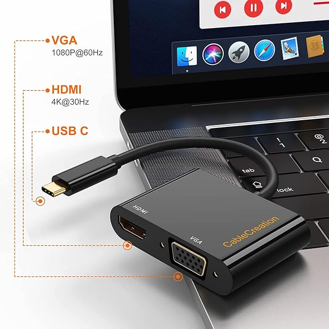 CableCreation USB C to HDMI VGA Adapter, Type C to VGA to USB C Thunderbolt 3 for Dual Monitor Adapter Compatible with iPhone 15 Plus/15 Pro Max, Galaxy S22 Ultra, MacBook Pro 2020, iPad Pro 2020