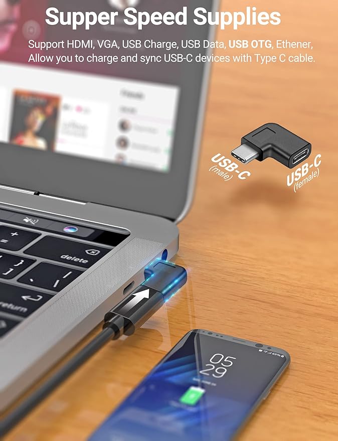 USB C Right Angle Adapter,90 Degree USB C to USB Type-C Male to Female Adapter Convertor Extension, for Laptop & Tablet & Mobile Phone (2 Pack).