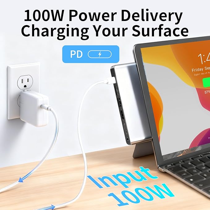 Surface Pro 9/10/11/X Accessories Docking Station with Dual 4K@60Hz HDMI, USB-C Thunderbolt 4 (Display+Data+100W Charging), 2 USB 3.0, SD/TF, 3.5mm Mic, Quad Display Adapter for Surface Pro 11/10/9/X