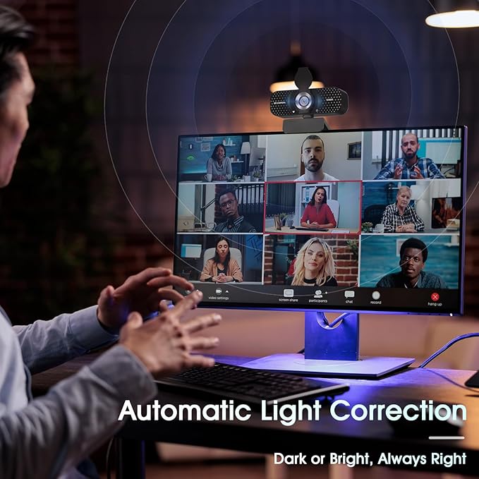 1080P Full HD Webcam with Noise-Canceling Mic, Auto Light Correction, Privacy Cover, Wide-Angle Lens, Plug & Play USB Camera for Laptops, Desktops, PCs, Macs, Zoom, Skype, Teams and Streaming