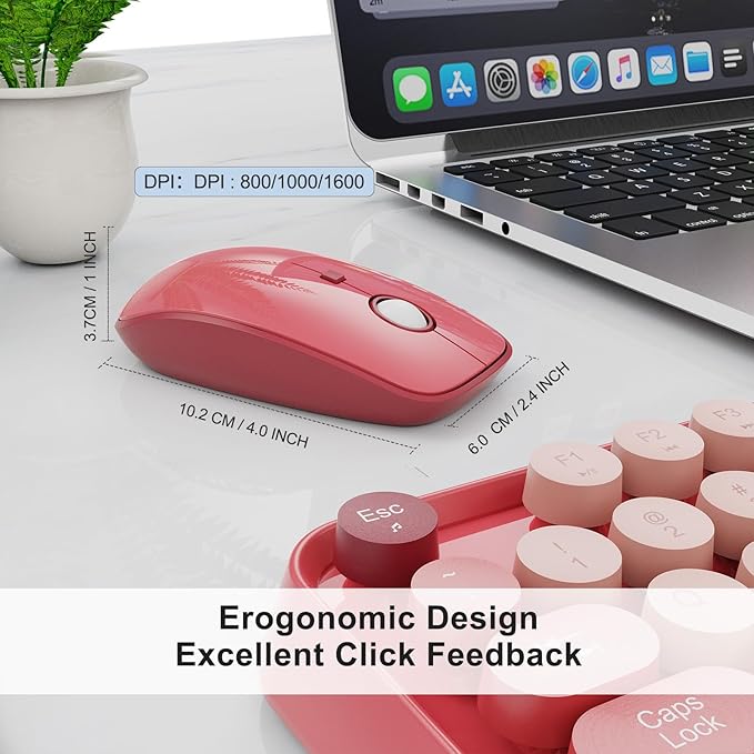 Wireless Keyboard and Mouse Combo - Cute Colorful Keyboard and Mouse, Retro Typewriter Keyboard with 2.4GHz Plug & Play, for Windows 11/10/7, Laptop, PC (Hot Pink)