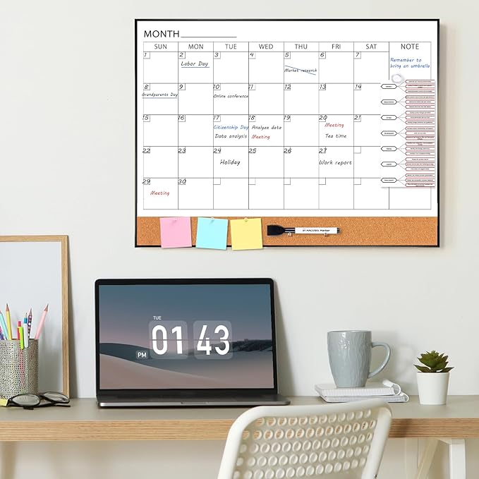 ARCOBIS Dry Erase Calendar with Cork Board for Wall, 24"x 18" Magnetic Calendar Whiteboard with Black Frame, Monthly Combination Board for School, Home, Office