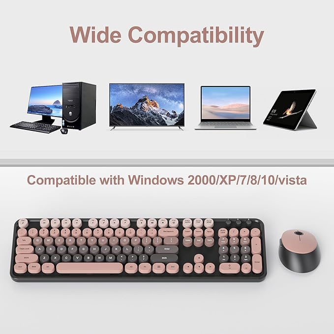 Colorful Pink Keyboard and Mouse Combo Wireless, 2.4G Full Size 104-Key Retro Typewriter Keyboards Round Keys for Students Teenagers Home Office PC Laptop(Heimei)