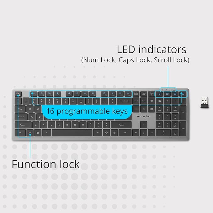 Kensington KB535 Wireless Keyboard, Bluetooth & 2.4GHz Connection, Full-Size Layout, Quiet Scissor-Switch Keys, Programmable, Copilot Hotkey, Compatible with Windows, Black (K75408NA)