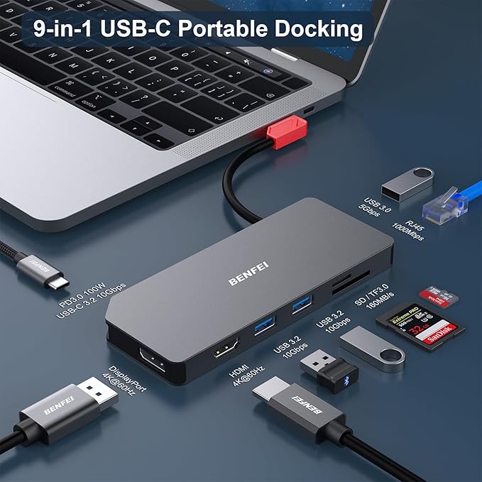BENFEI 9in1 USB C MST Laptop Docking Station, USB-C Hub with HDMI DisplayPort Dual Monitor/3*USB Type-A/1*USB Type-C(10Gbps+100W PD)/SD/TF Card Reader/1*RJ45