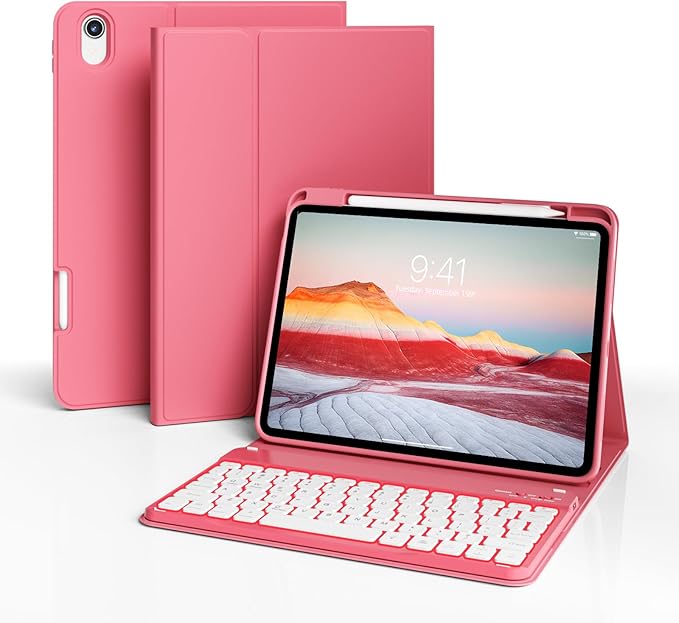 for iPad (A16) 11th Generation 2025 11-inch/10th Generation 2022 10.9 inch with Keyboard, 7 Colors Backlit Square Keycaps, Detachable Wireless Bluetooth Keyboard Case with Pencil Holder, Pink