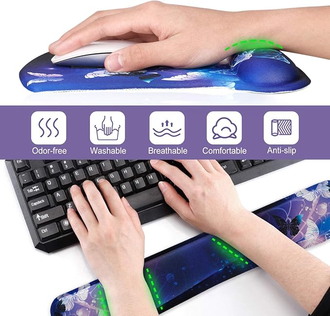ToLuLu Keyboard Wrist Rest Pad Ergonomic Mouse Pad Set, Gel Mouse Pad for Computer Laptop, Non Slip Mousepad Keyboard Wrist Support Raised Memory Foam for Easy Typing Pain Relief, Art Butterflies