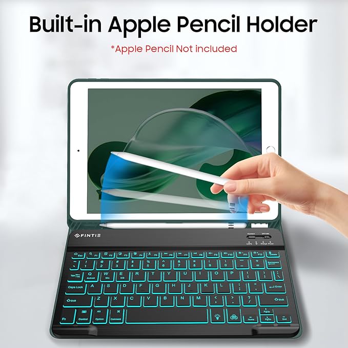 FINTIE Backlit Keyboard Case for iPad 9th / 8th / 7th Generation (2021/2020/2019) 10.2 Inch, Soft TPU Back Cover with 7 Colors Backlight Magnetically Detachable Bluetooth Keyboard, Midnight Green