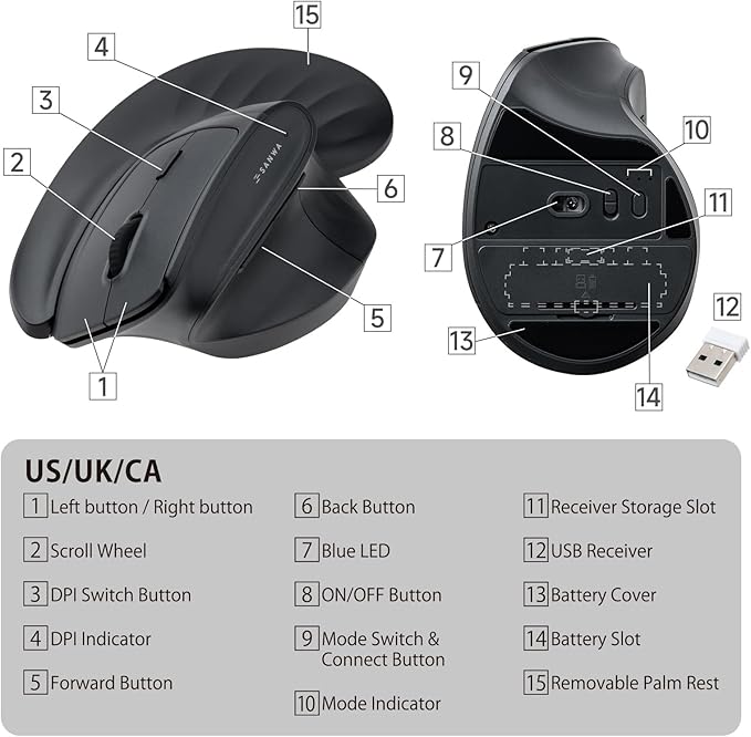 SANWA Wireless Ergonomic Mouse for Large Hands, Silent Click Vertical Mice with Removable Wrist Rest, 1000-4000 DPI, 3-Device (2.4G + 2 Bluetooth 5.4), Compatible with Mac, Windows, Laptop, PC, Black