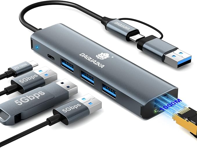 USB C Hub, 5-in-1 USB C/A Docking Station, RJ45 10/100/1000 Gbps Ethernet Adapter, Driver Free, 3 USB A 3.0, PD100W Charging for MacBook, iPad Pro, Surface Laptop, Chromebook, etc