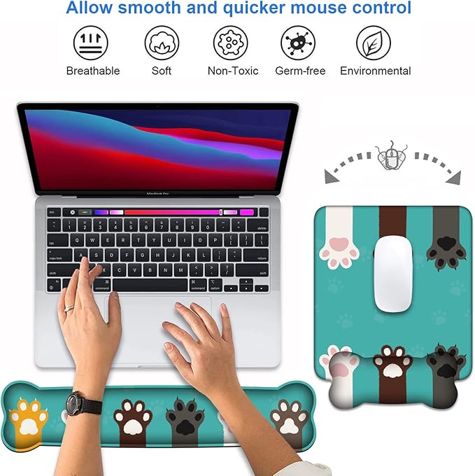 Wrist Rest Support Ergonomic Gel Mouse Pad & Memory Foam Keyboard Set, Non-Slip Rubber PU Base for Home Office Working Studying Easy Typing & Pain Relief, Cute Cat Paws