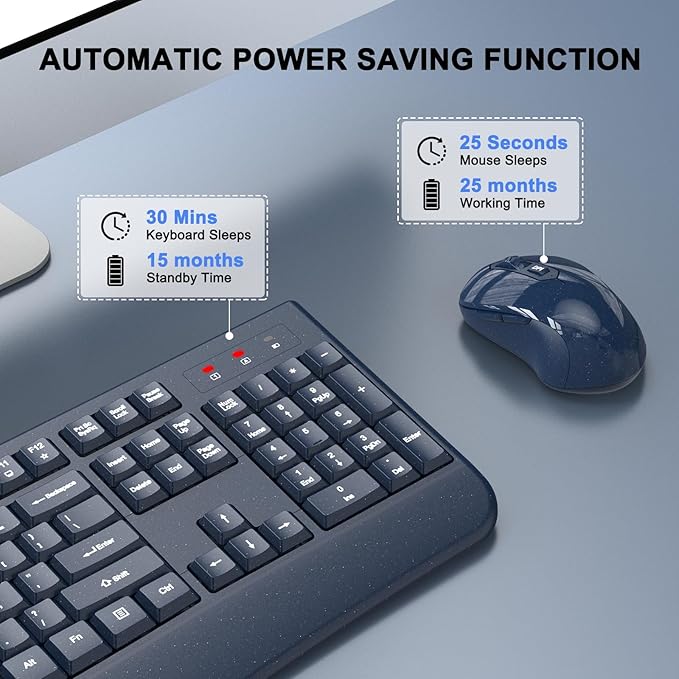 Wireless Keyboard and Mouse Combo, ULSOU 2.4G Full-Sized Ergonomic Computer Keyboard with Wrist Rest and 3 Level DPI Adjustable Wireless Mouse for Windows, Mac OS Desktop/Laptop/PC(Blue)