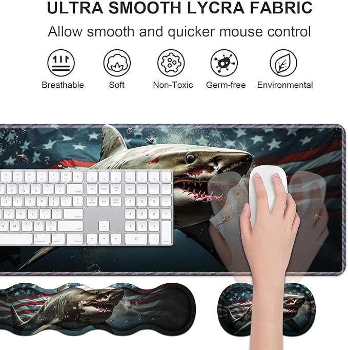 Ergonomic Keyboard Wrist Rest & Mouse Pad Wrist Rest Set, Large XXL Gaming Desk Mat 31.5"x 11.8" with Non-Slip Base, Memory Foam, Easy Typing Pain Relief for Home & Office, American Flag Shark