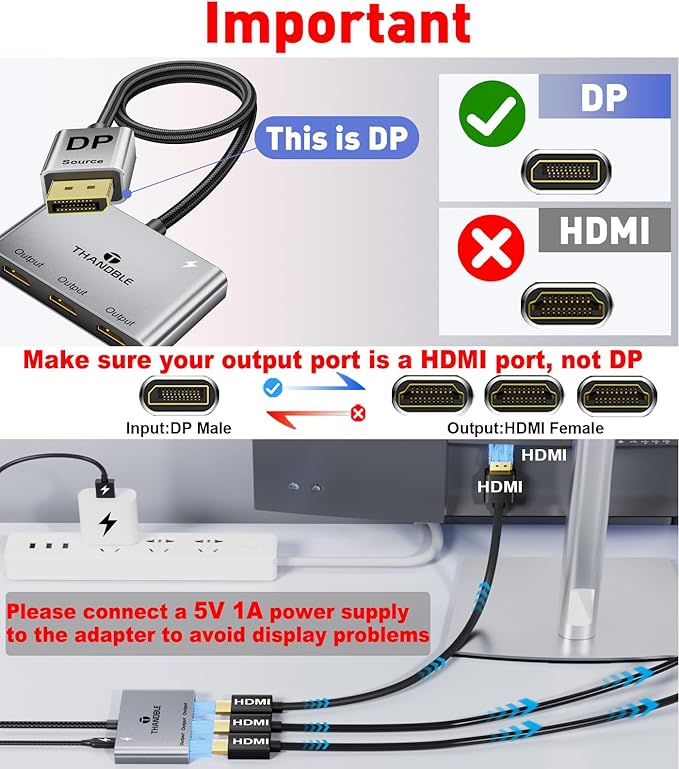 DisplayPort to HDMI Splitter for Multi Monitor Adapter, HDMI Splitter Extended Display 1 in 3 Out MST Hub (4K@60Hz) for Extended or Cloned Display Mode, DP to 3X HDMI Port with PC, NVIDIA AMD