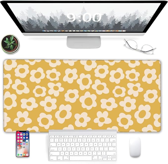 Desk Mat, Vintage Groovy Yellow Flowers Extended Gaming Mouse Pad Large, Big Desk Mat with Non-Slip Base and Stitched Edge, Long Computer Keyboard Mouse Mat for Home Office Work 31.5"x15.7"