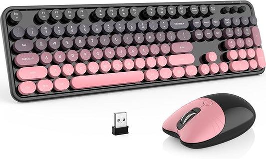 MOFII Wireless Keyboard and Mouse Combo, 2.4 GHz Full-Size Retro Round Keyboard and Mouse, Plug and Play, 8 Multimedia & Shortcut Keys for Mac, Windows, Laptop/Desktop/PC - Pink Gradient