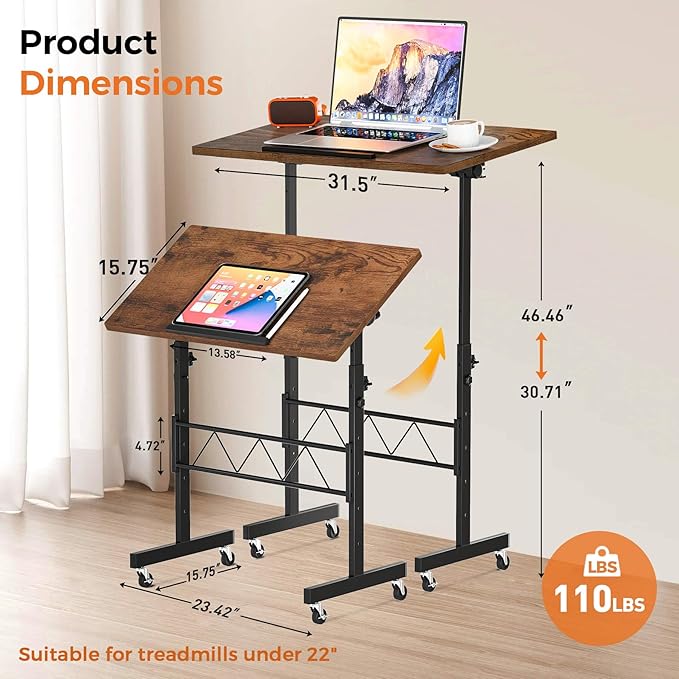 GTPLAYER Standing Desk Adjustable Height & Tiltable Tabletop, 32 Inch Portable Desk for Home Office Stand Up Work and Walking Pad Treadmill, Small Mobile Computer Table for Laptop, Brown