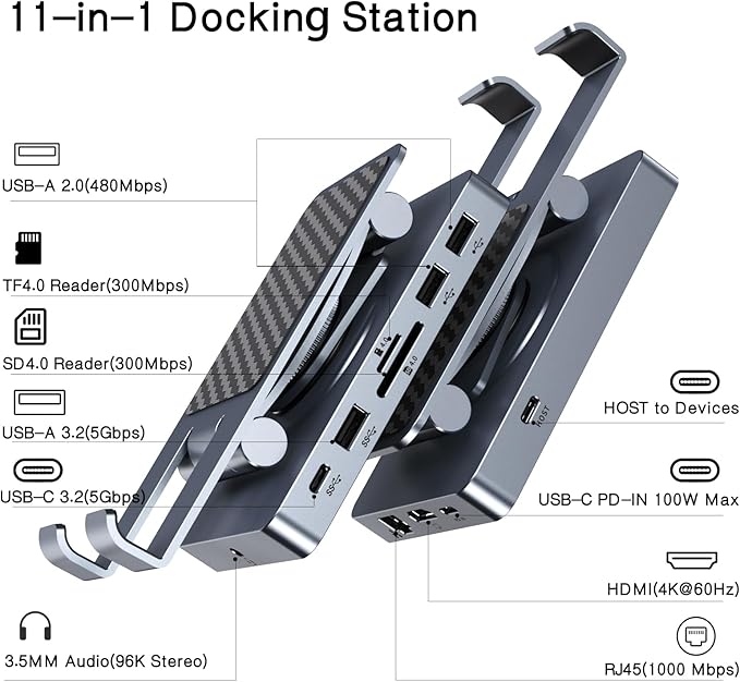 360° Rotating USB C Docking Station for iPad Pro, Tablet, Samsung, Steam Deck, ROG Ally, Legion Go, Msi Claw, etc, 11-in-1 with SD TF 4.0 Reader, 4K@60Hz HDMI, RJ45, Audio, USB A, USB C