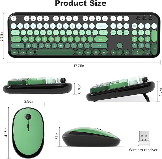 MOFII Wireless Keyboard and Mouse Combo, Cute Keyboard Full Size and Wireless Mouse, 2.4GHz Retro Typewriter Keyboard Mouse Set for PC/Desktop/Laptop/Windows (Black Green)