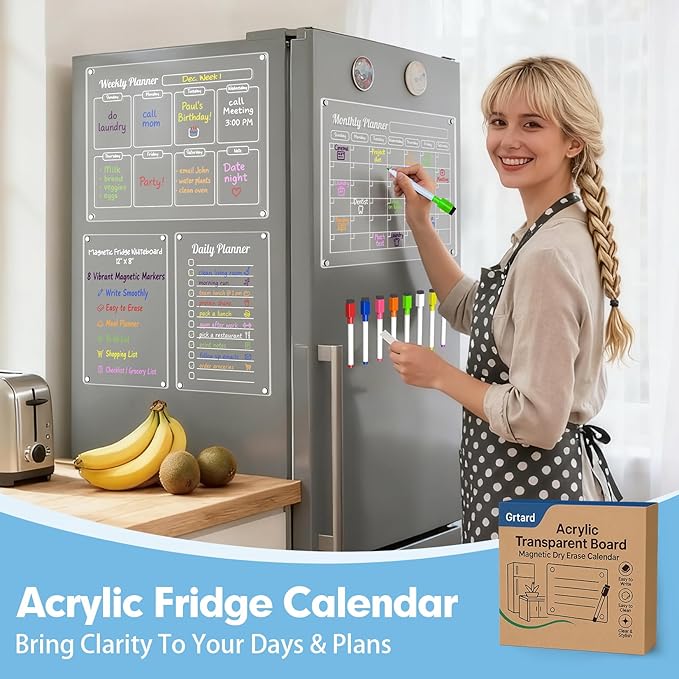 Grtard Acrylic Fridge Calendar Dry Erase Board for Fridge, 4 Pack Acrylic Calendar for Fridge Calendar Magnet, Clear Magnetic Planner Whiteboard for Refrigerator with 8 Colorful Markers
