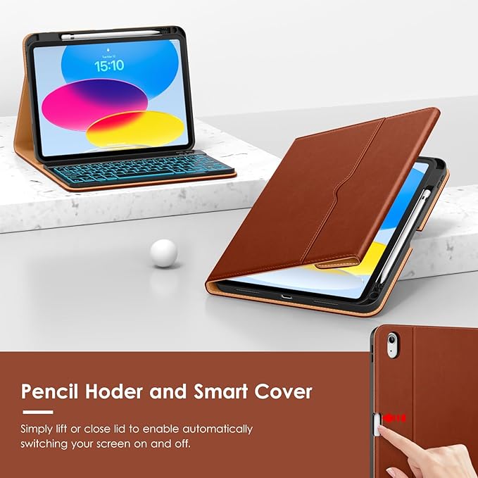 VIKESI Keyboard Case for iPad (A16,2025) 11th Generation/iPad 10th Generation Case (10.9" 2022),Premium Leather Smart Cover,Built-in Breathing Light,Function Row,Pencil Holder,Card Slots - Tea Brown