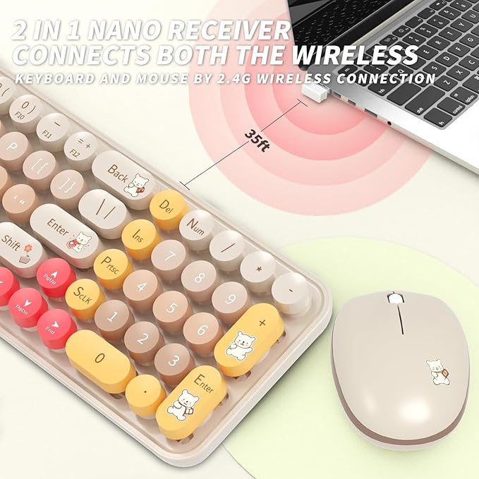 Keyboard Mouse Wireless, Slim Compact Silent 2.4G Cute 84 Keys Keyboard for PC, Notebook, MacBook, Tablet, Laptop, Windows System Coffee