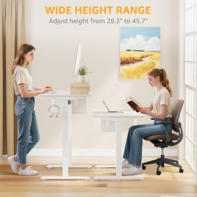 White Electric Sit To Stand Desk - 40 Inch Small Computer Desk Adjustable Height for Work Study Writing, Compact Sit Stand up Desks Table Workstation for Small Space Adult Boy Girl Home Office Bedroom