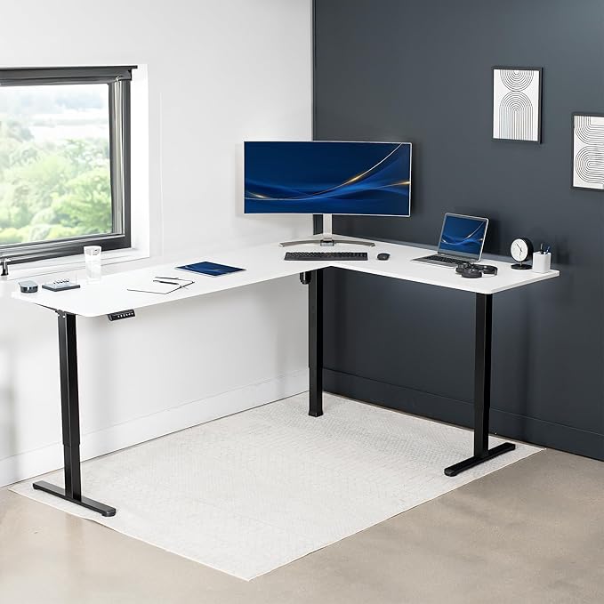 VIVO Corner Standing Desk, 84 x 63 inch Reversible L-Shaped Workstation, Electric Height Adjustment, Home, Office, and Reception Rooms, White Table Top Black Frame, DESK-E3CTBW-84