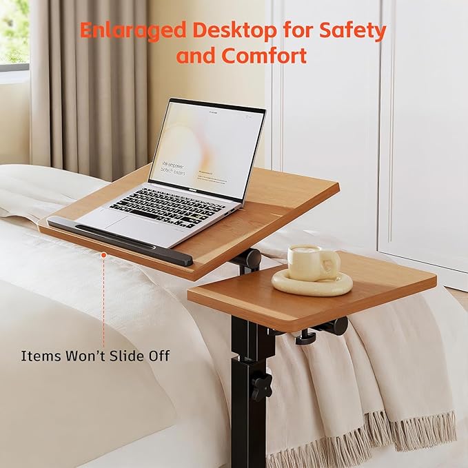 Laptop Desk Stand for Bed Portable Desk Overbed Bedside Mobile Laptop Table Rolling Foldable Table Adjustable Height with Locked Wheels & Mouse Pad for Office Sofa (Natural Color)