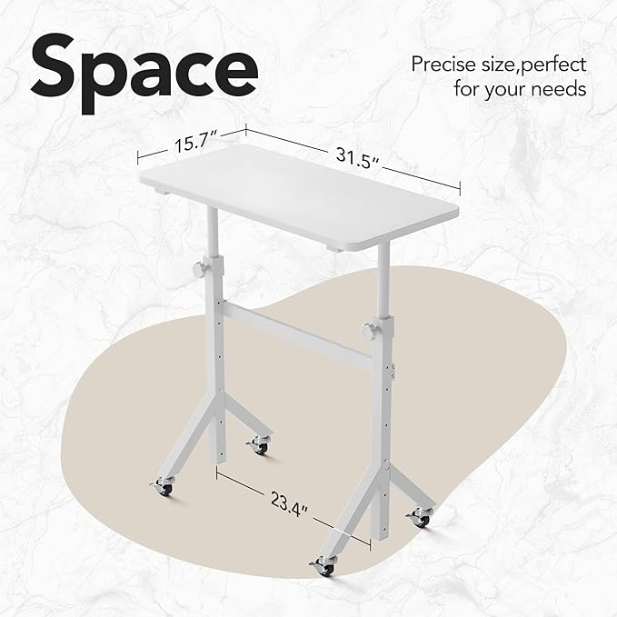HUANUO 32'' Small Standing Desk with Wheels,28.7"-46.1" Heigh Adjustable Portable Rolling Desks,Mobile Stand Up Desk for Walking Pad and Treadmill,Sit to Stand Computer Workstation for Bedroom,White