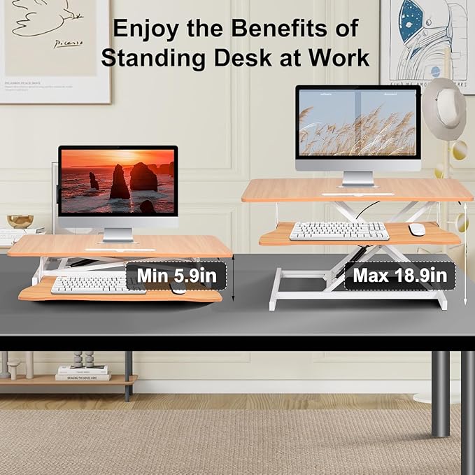 38-Inch Height Adjustable Standing Desk Converter, Duals Monitor & Laptop Riser with Wide Keyboard Tray, Sit to Stand Ergonomic Workstation for Home Office, School, Business, Log Color