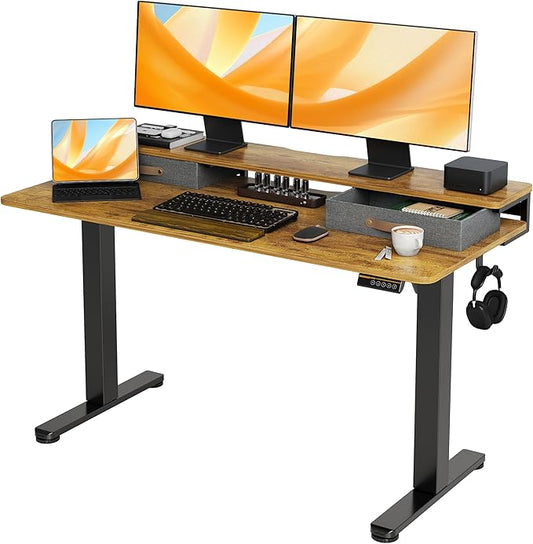 Seang Electric Standing Desk with 2 Drawers, Adjustable Standing Desk with Storage Shelf, Height Adjustable Stand up Desk for Home Office with 3 Presets & 2 Hooks, 55 Inch, Rustic Brown