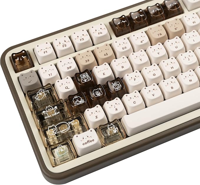 26 Keys Crystal Jelly Personalized Keycaps, PC Material Cute Coffee Cat Transparent Custom Keycaps, Mao Profile Keycap for DIY MX Swithes Mechanical Keyboards