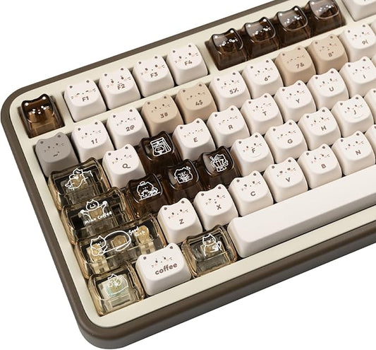 26 Keys Crystal Jelly Personalized Keycaps, PC Material Cute Coffee Cat Transparent Custom Keycaps, Mao Profile Keycap for DIY MX Swithes Mechanical Keyboards