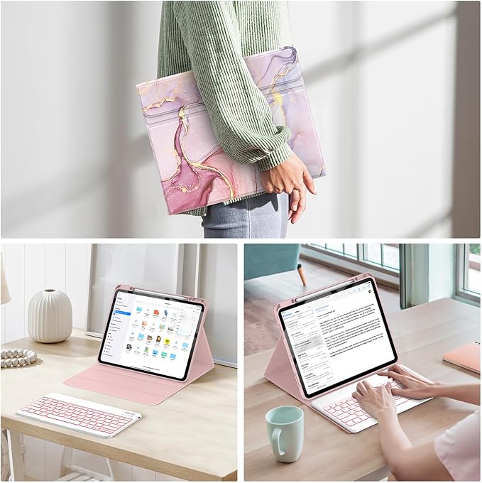 Soke Keyboard Case for iPad Pro 13 Inch (M5 2025/M4 2024), 7-Color Backlit Detachable Bluetooth Keyboard, Folio Stand TPU Back Cover with Pencil Holder for iPad Pro 13", Pink Marble