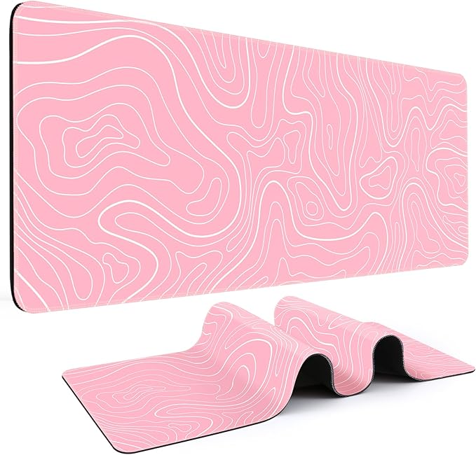 Gaming Mouse Pad 31.5 x 11.8in Large Mouse Pad with Anti-Slip Rubber Base（Pink with White Topographic Line）