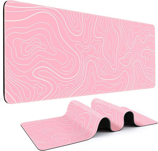 Gaming Mouse Pad 31.5 x 11.8in Large Mouse Pad with Anti-Slip Rubber Base（Pink with White Topographic Line）