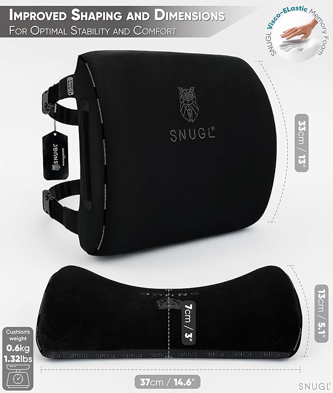 SNUGL Lower Back Support Cushion for Chair and Car Seat | Memory Foam Back Lumbar Support Cushion with Dual Straps | Ergonomic Office Chair with Non-Slip Back Layer | Black