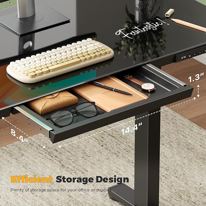 Glass Small Standing Desk with Drawer, 35" x 20" Whole Piece Tabletop Electric Sit Stand Table, Height Adjustable Workstation with Storage & USB Ports, Quick Install Home Office Desk
