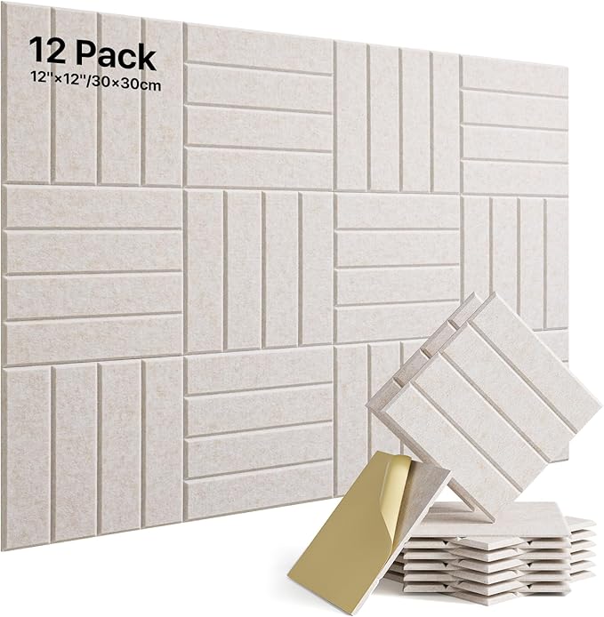 12 Pack Sound Proof Foam Panels for Walls, Self-Adhesive Acoustic Panels Sound Absorbing, 12" X 12" X 0.4" High Density Soundproof Wall Panels Tiles for Door, Ceiling, Home Office