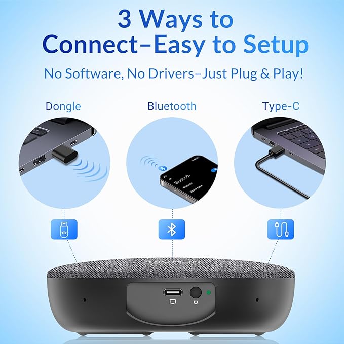 Bluetooth Conference Speakerphone with AI Noise Reduction, 4 Mics, 360° Voice Pickup, 2600mAh Battery, Bluetooth/USB-C/Dongle, Daisy Chain for Large Rooms, Compatible with Zoom/Teams/Skype